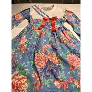 NWOT Vtg Forever Florals Dress Drop Waist Bow Bib Blue wPink Flowers Girls 10